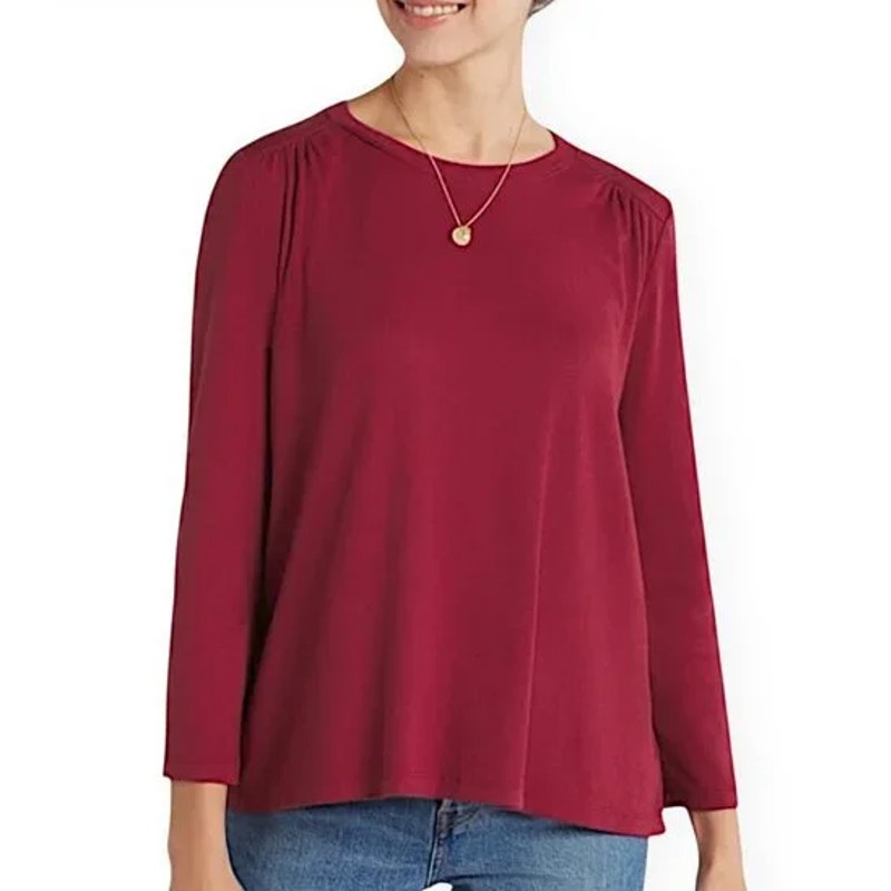 MICHAEL STARS Womens Shelby Ruched Shoulder 3/4 Sleeve Tee Small Carmine Red NWT