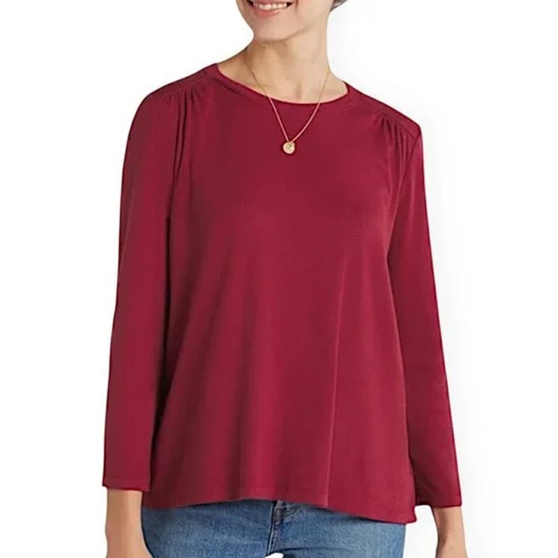 MICHAEL STARS Womens Shelby Ruched Shoulder 3/4 Sleeve Tee Small Carmine Red NWT