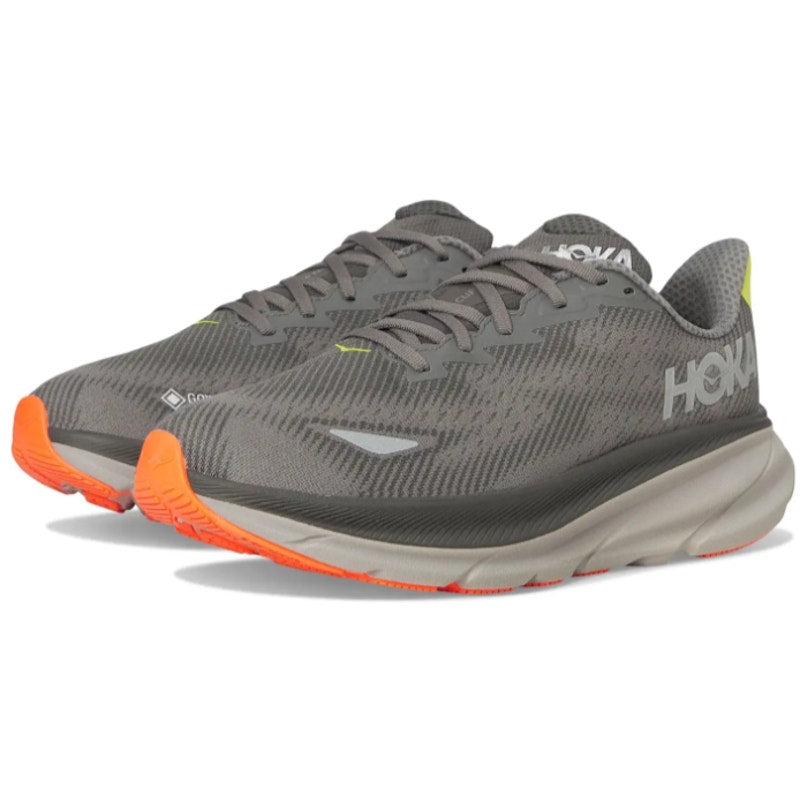 Hoka Mens Clifton 9 GTX Running Sneakers US 10 D Grey Orange WP Athletic NWOB