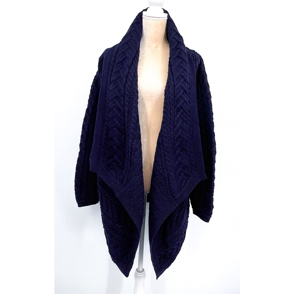 ARAN CRAFTS Women's Waterfall Shawl Cardigan XL Navy Blue Merino Wool NWOT