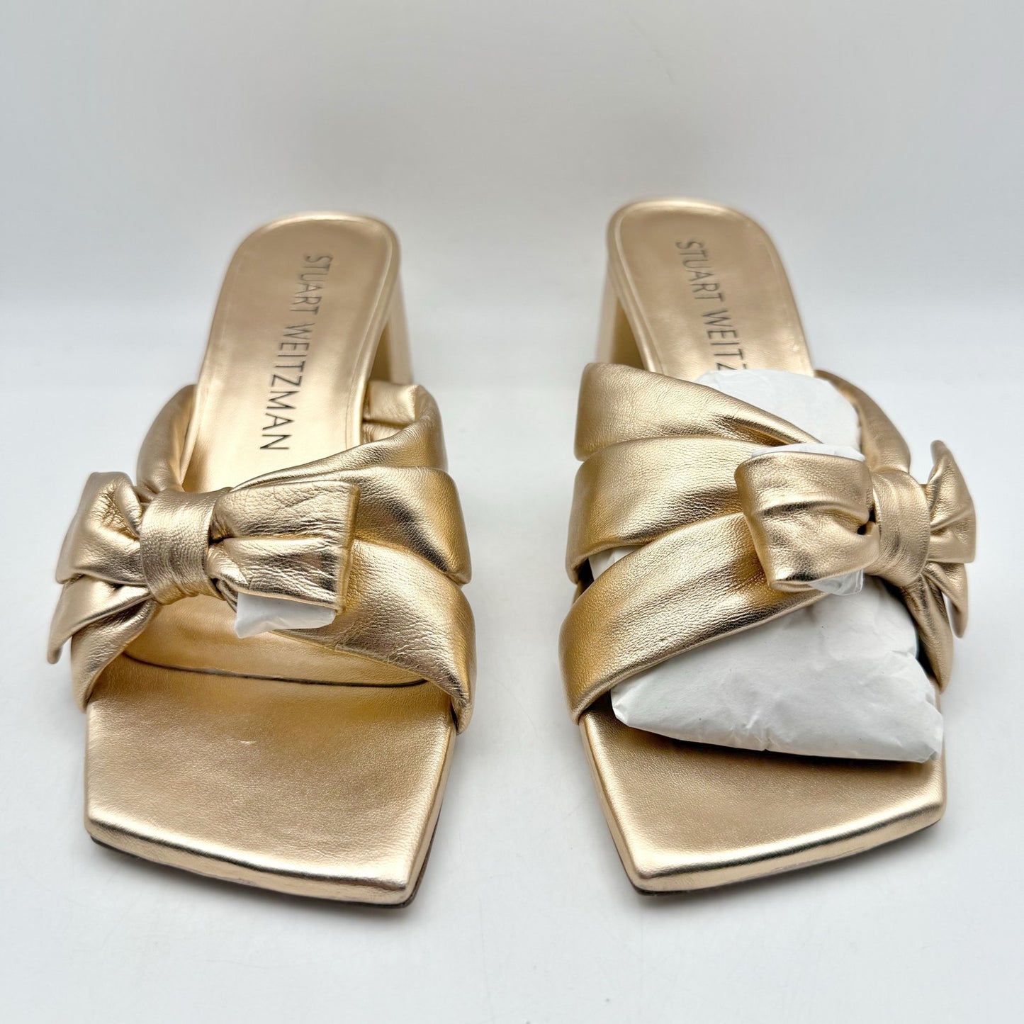 Stuart Weitzman Womens Sofia 45 Slide High Heels US 8.5 M Gold Leather Bow NIB