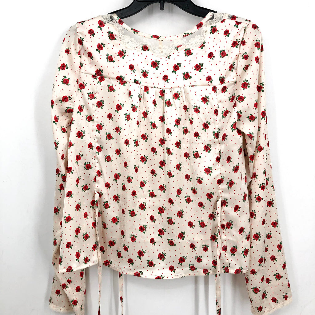 FREE PEOPLE Women's Field of Roses Top Medium Cream Red Long Sleeve NWOT