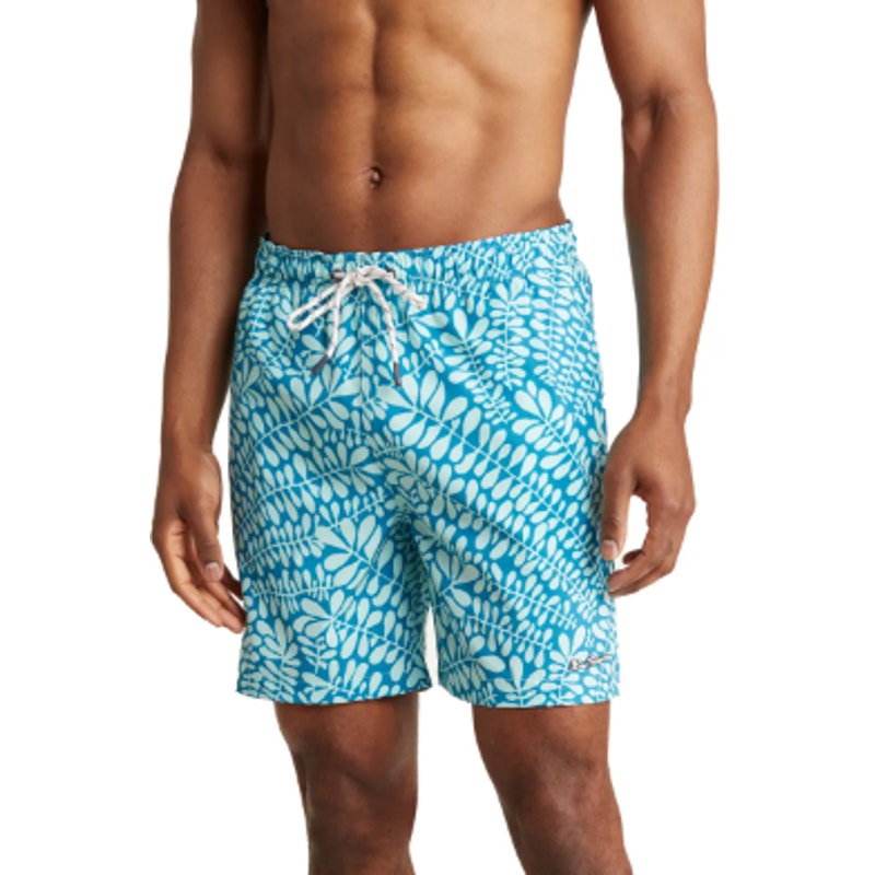 BEN SHERMAN Men's Frond Print Swim Trunks 2XL Blue Aqua Ice Drawstring NWT