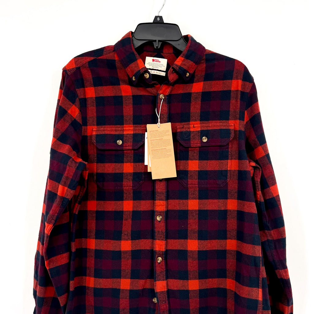 FJALLRAVEN Men's Skog Flannel Shirt Medium Slim Fit Navy Blue Red Plaid NWT