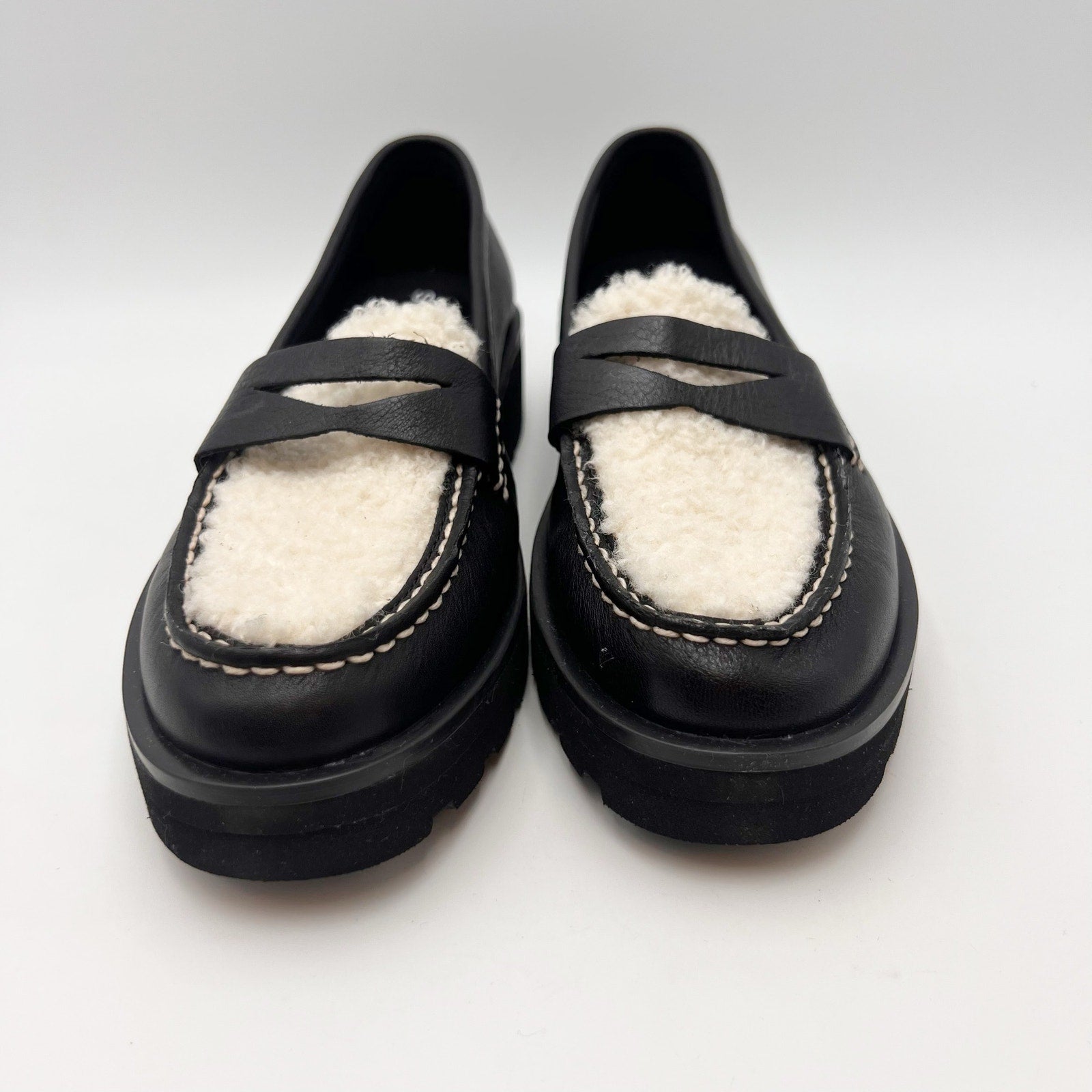 Sperry Womens Chunky Penny Loafers Size 6.5 M Black Leather Shearling Top NWOB