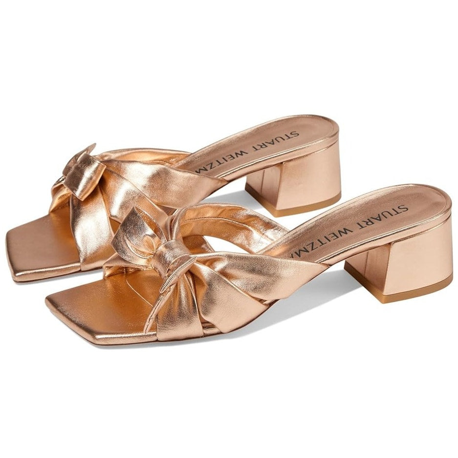 Stuart Weitzman Womens Sofia 45 Slide High Heels US 8.5 M Gold Leather Bow NIB