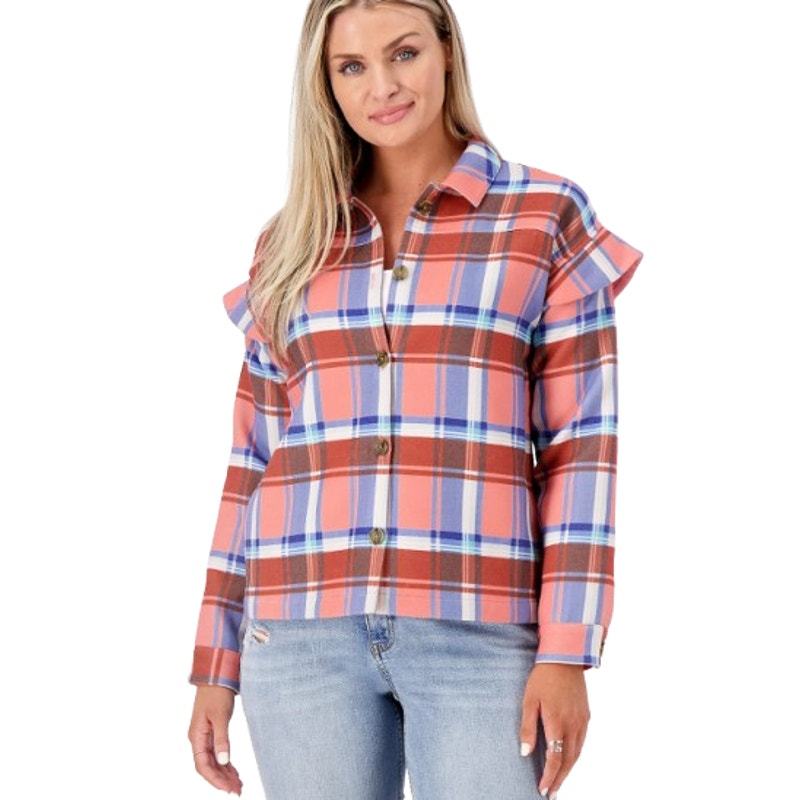 CANDACE CAMERON BURE Ruffle Sleeve Shirt Jacket XS Pink Blossom Plaid NWOT
