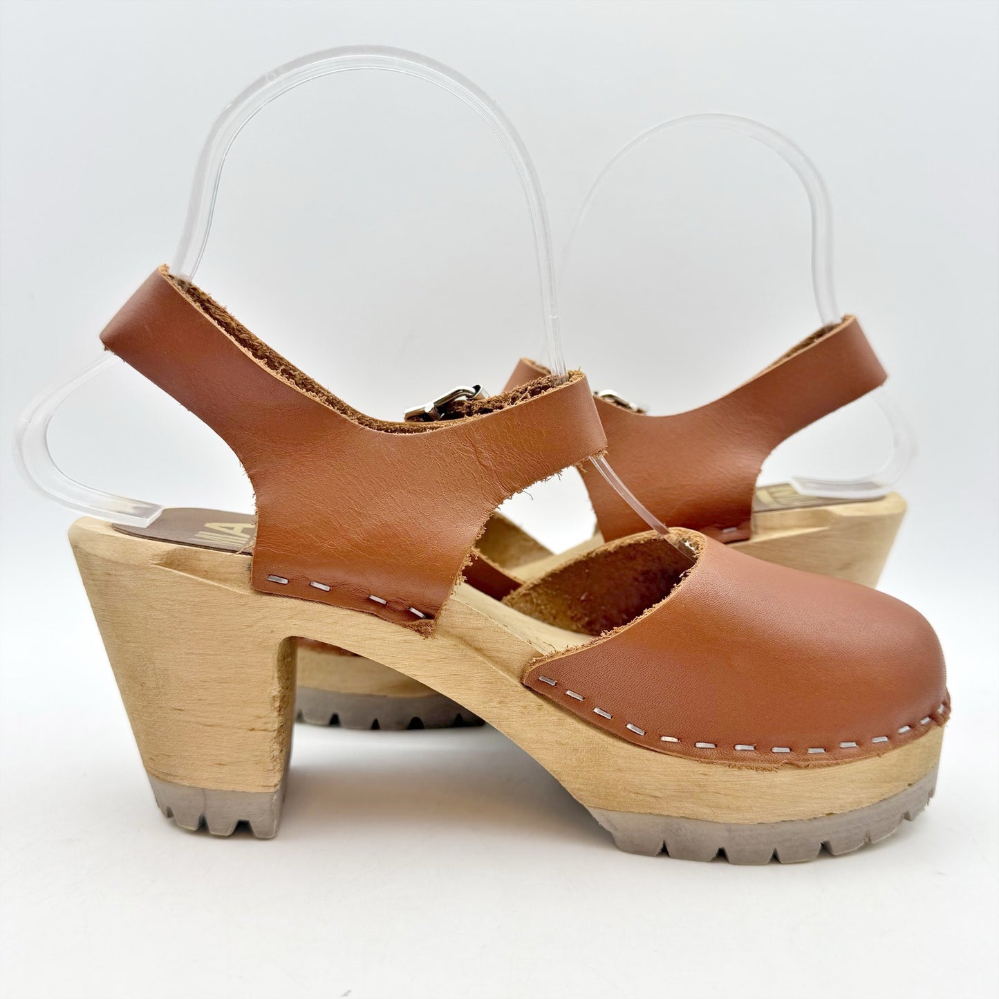 MIA Womens Abba Clogs EU 36 US 6 Luggage Brown Leather Wooden Heel NWOB