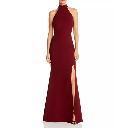 AQUA Women's Halter Neck Gown Size 4 Red Bordeaux Scuba Crepe Dress NWT