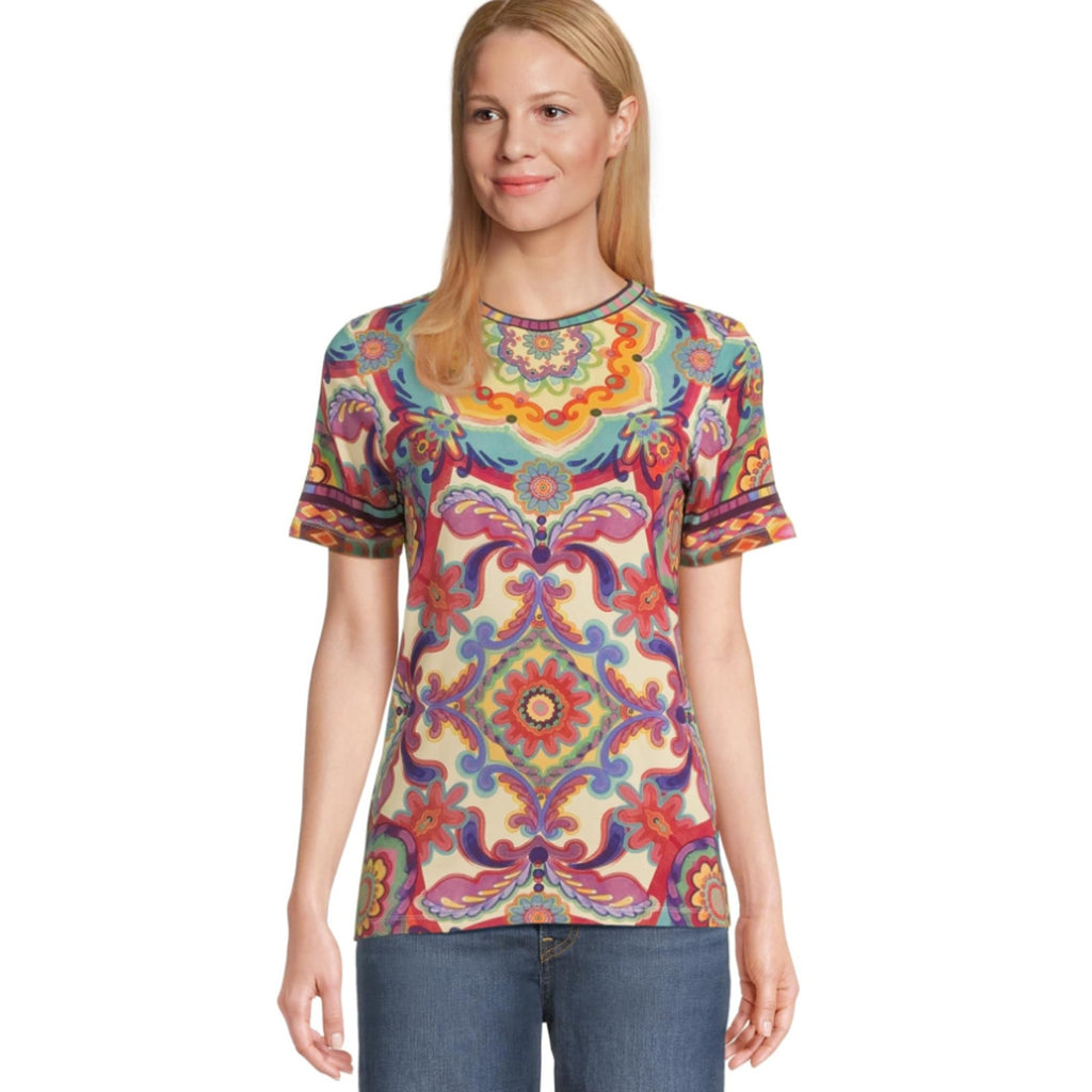 JOHNNY WAS The Janie Favorite Top Large Multi Mcanna Scarf Short Sleeve NWT