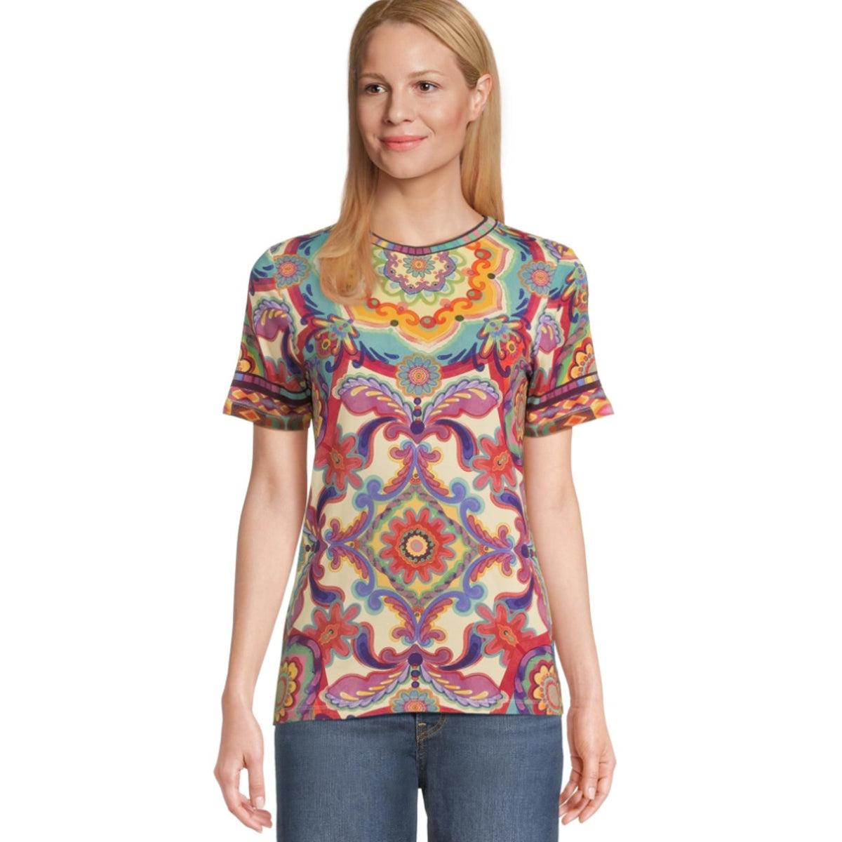 JOHNNY WAS The Janie Favorite Top Large Multi Mcanna Scarf Short Sleeve NWT