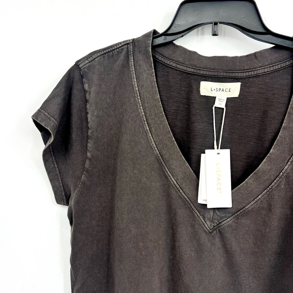 L*SPACE Women's West Coast Top Large Ash Short Sleeve V Neck Tshirt NWT
