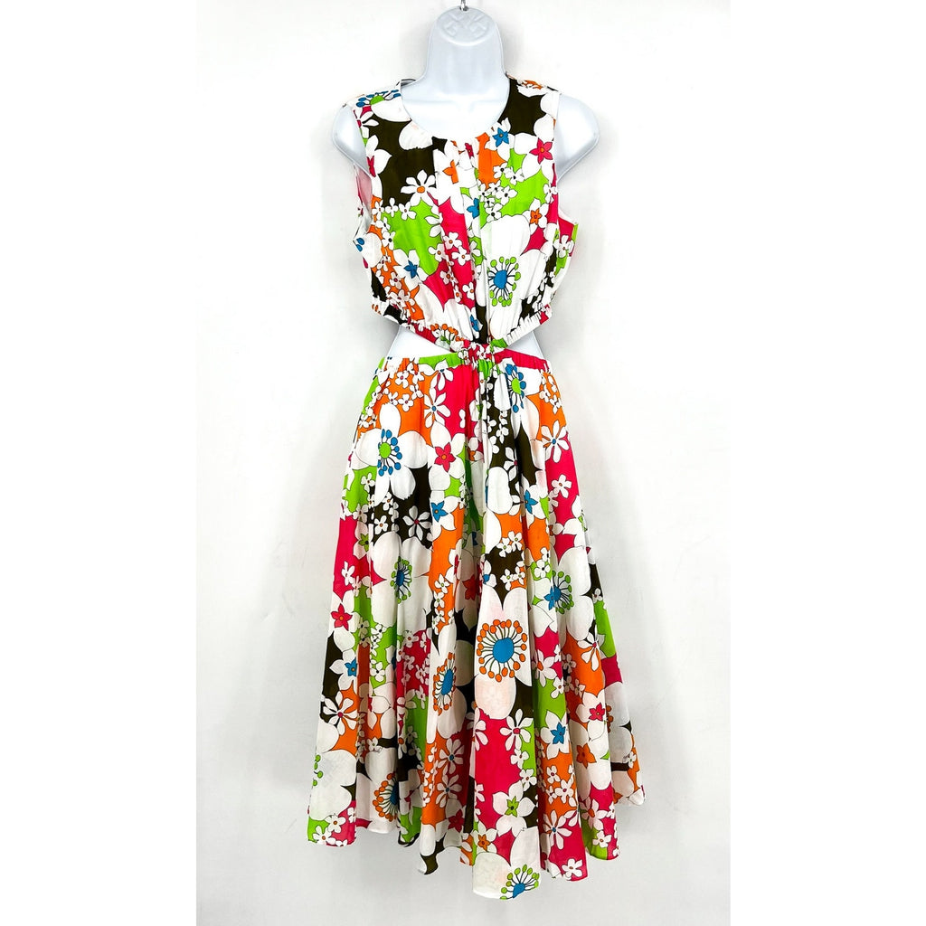 Trina Turk Womens Floral Artimo Midi Dress Medium White Multi Cut Out Casual NWT