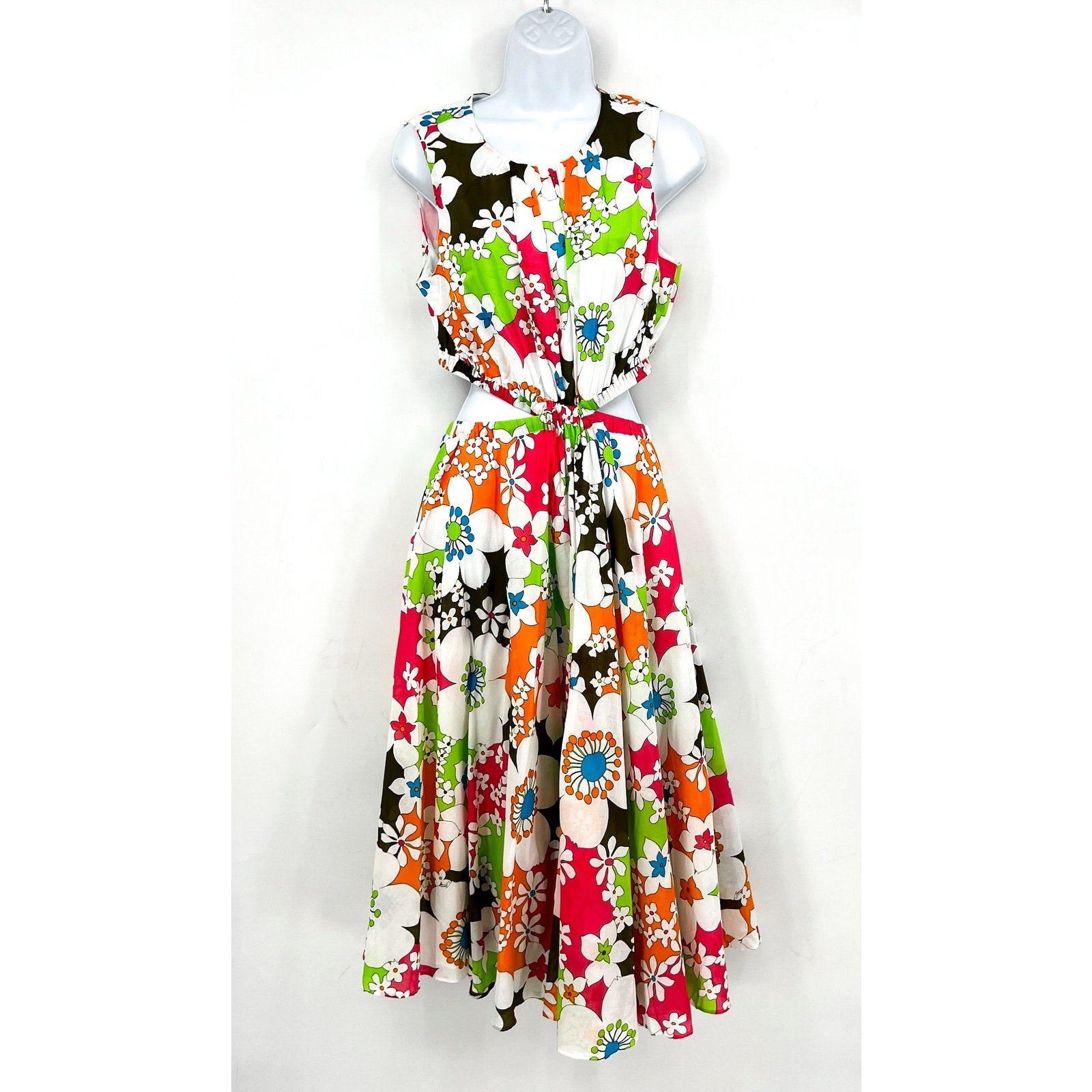 Trina Turk Womens Floral Artimo Midi Dress Medium White Multi Cut Out Casual NWT