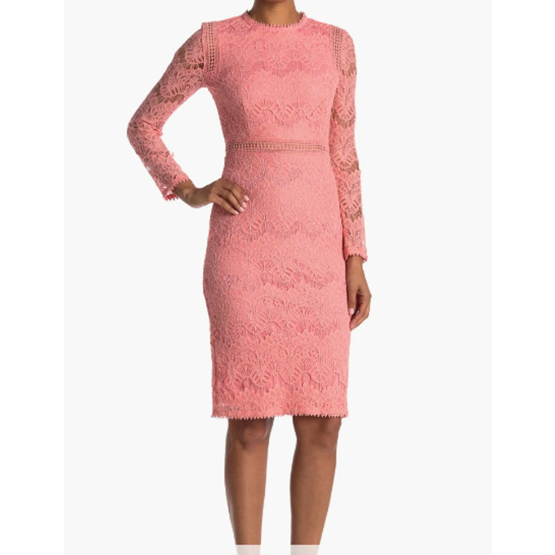 LOVE X DESIGN Women Lace Long Sleeve Midi Dress XS RosePetal Pink Jewel Neck NWT