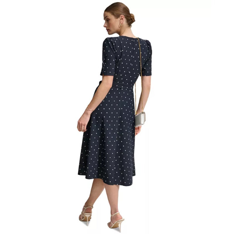 DKNY Women's Polka-Dot Puff-Sleeve Midi Dress Size 12 Navy Waist Tie Belt NWT