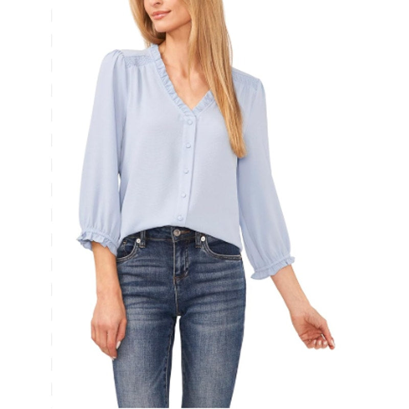 CECE Women's Ruffled Popover Blouse Small Blue Air V Neck 3/4-Sleeve NWT