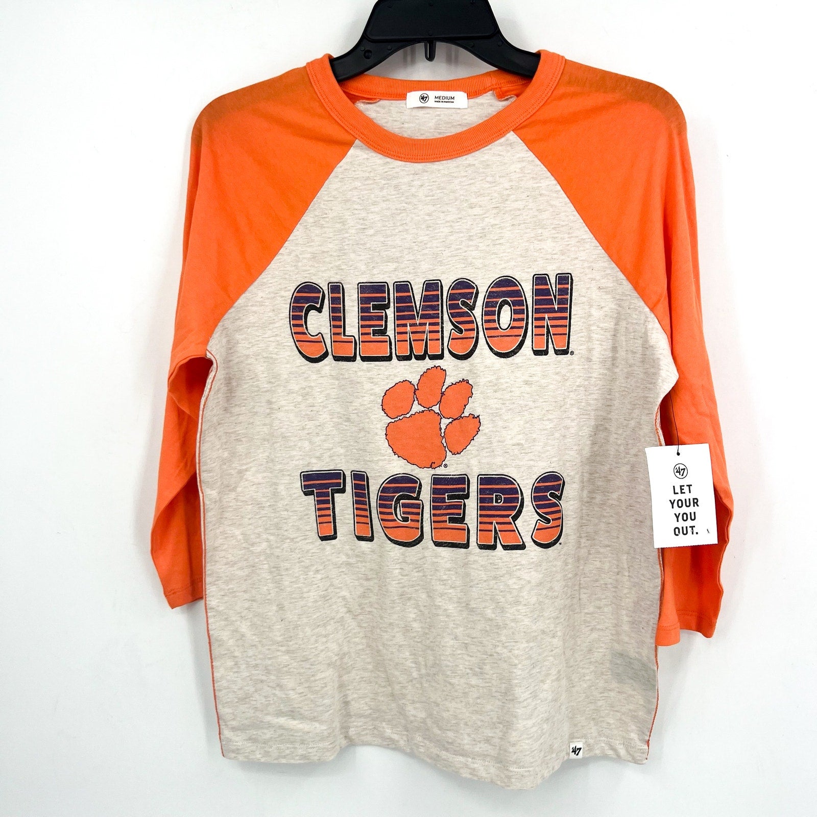 47 BRAND Womens Clemson Tigers Tshirt Medium Grey Orange Raglan Long Sleeve NWT