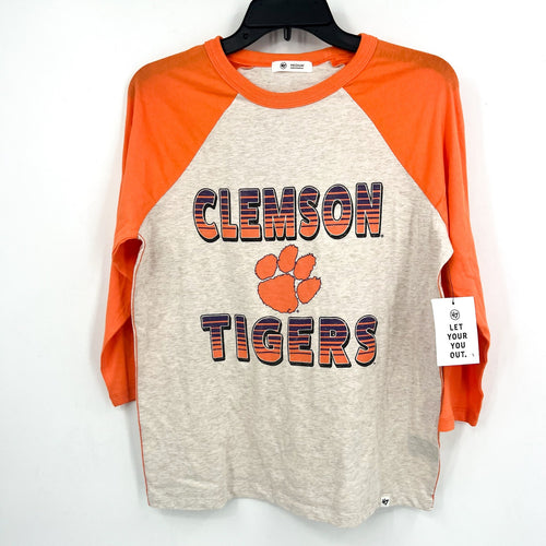 47 BRAND Womens Clemson Tigers Tshirt Medium Grey Orange Raglan Long Sleeve NWT