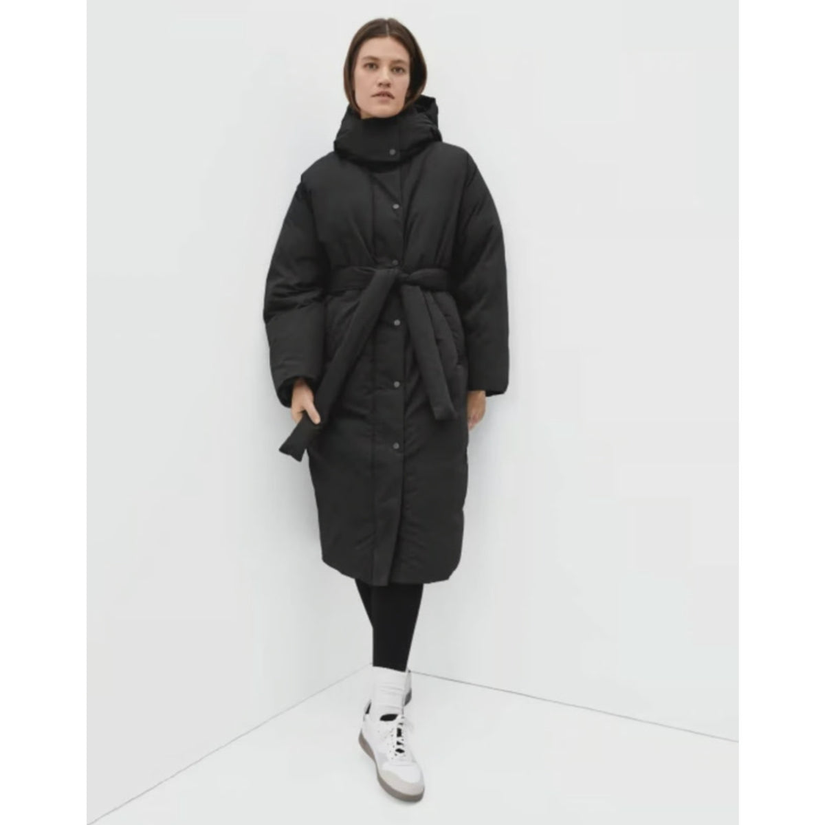 EVERLANE Women's Duvet Puffer Down Coat Medium Black Belted Hooded NWT
