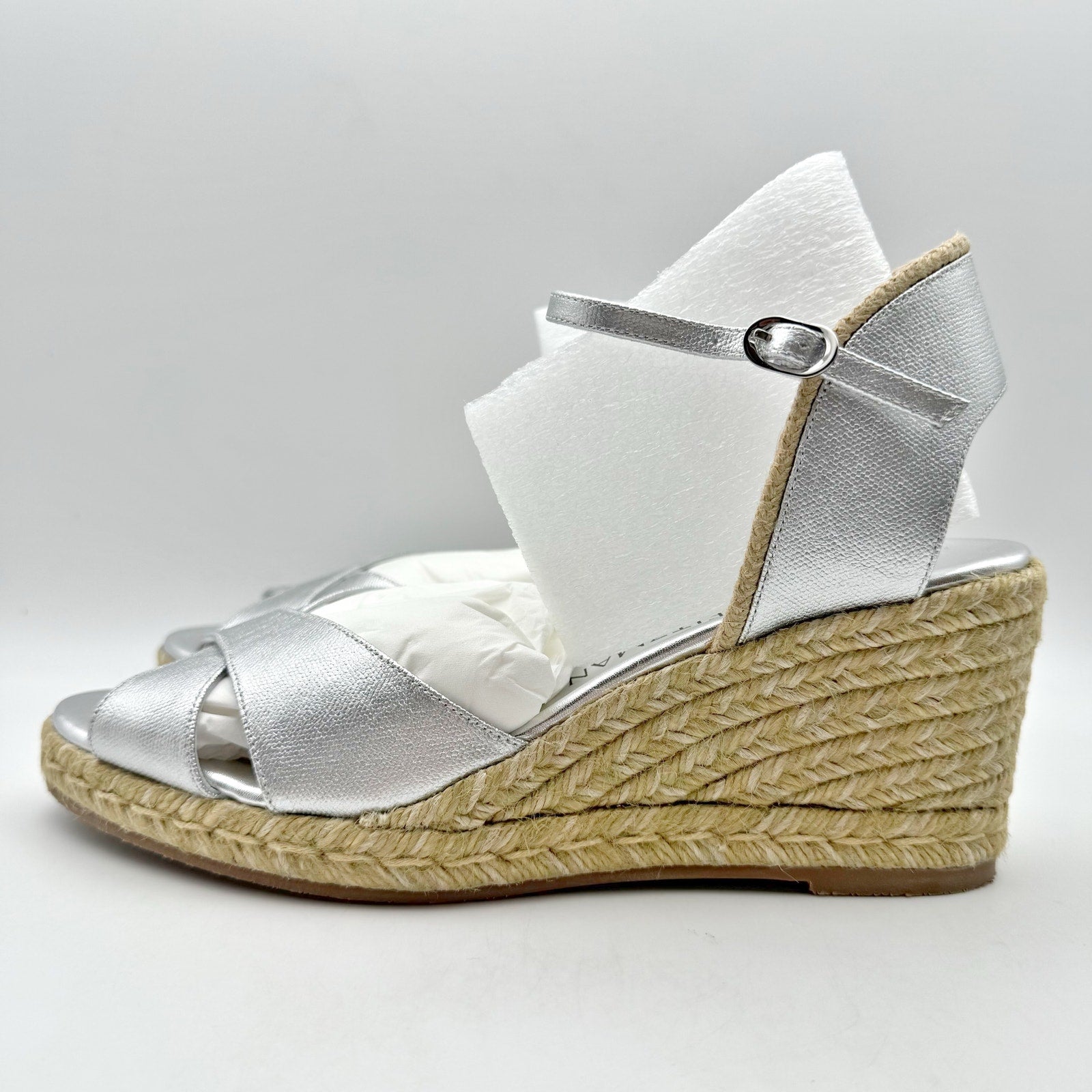 Stuart Weitzman Mirela II Espadrille Wedge Sandals Size 10 B Silver Leather NIB