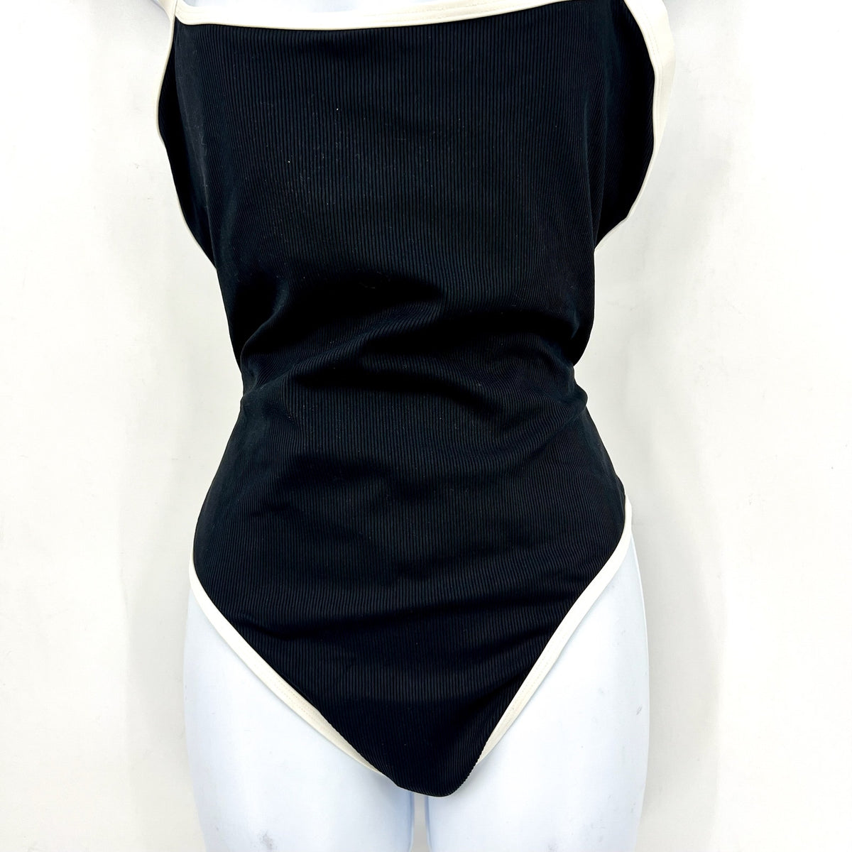 L*SPACE Women's Ribbed Baewatch One Piece Swimsuit XL Black Cream Low Back NWT