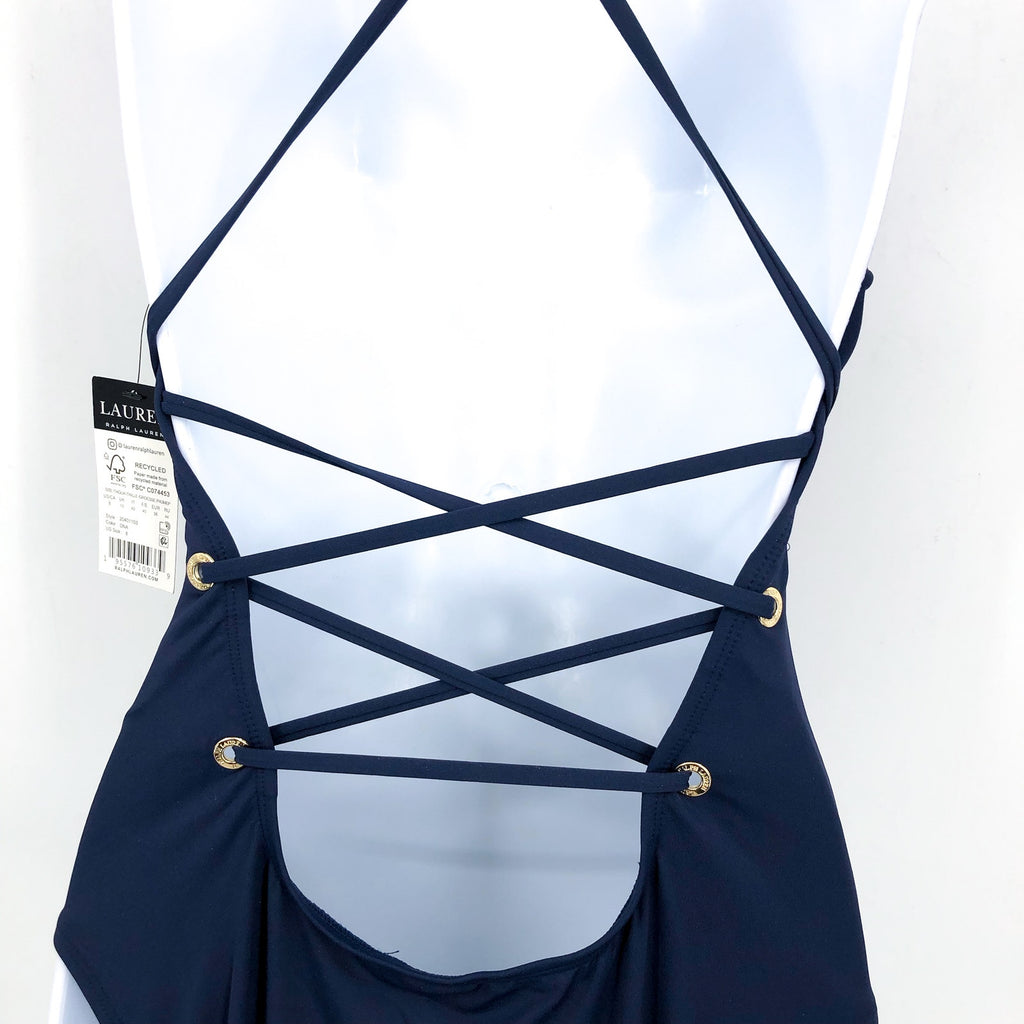 LAUREN RALPH LAUREN Strappy Plunge One-Piece Size 8 Blue Dark Navy Vneck NWT