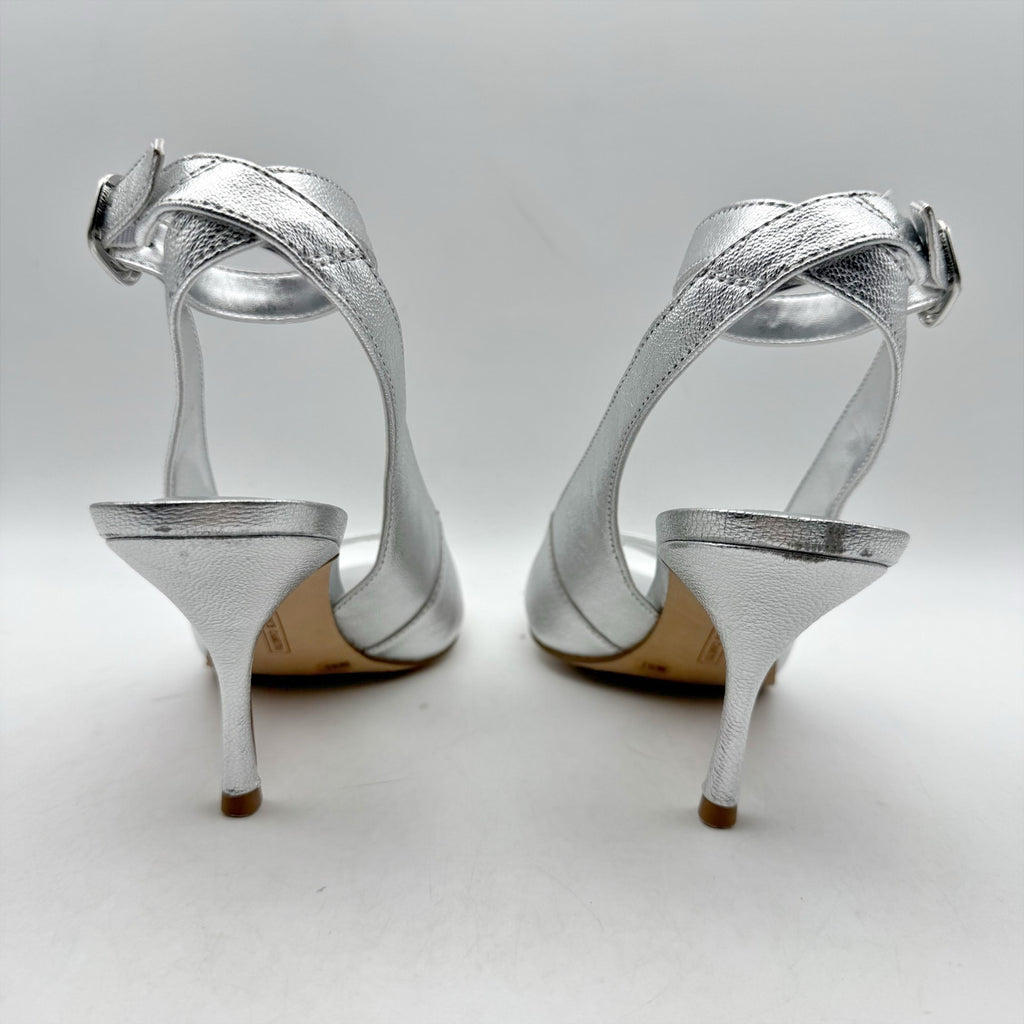 Vince Camuto Womens Pavles Ankle Strap Heeled Sandals Size 6 Silver Leather NIB