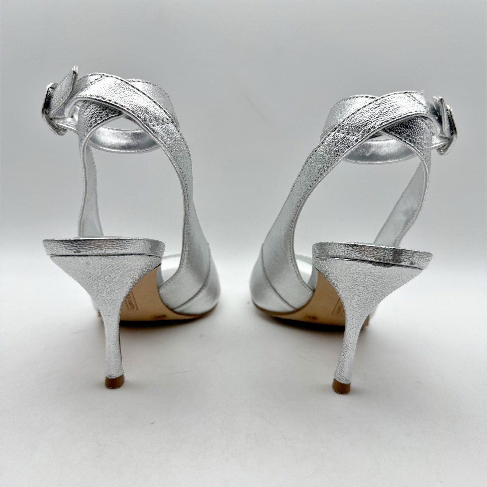 Vince Camuto Womens Pavles Ankle Strap Heeled Sandals Size 6 Silver Leather NIB