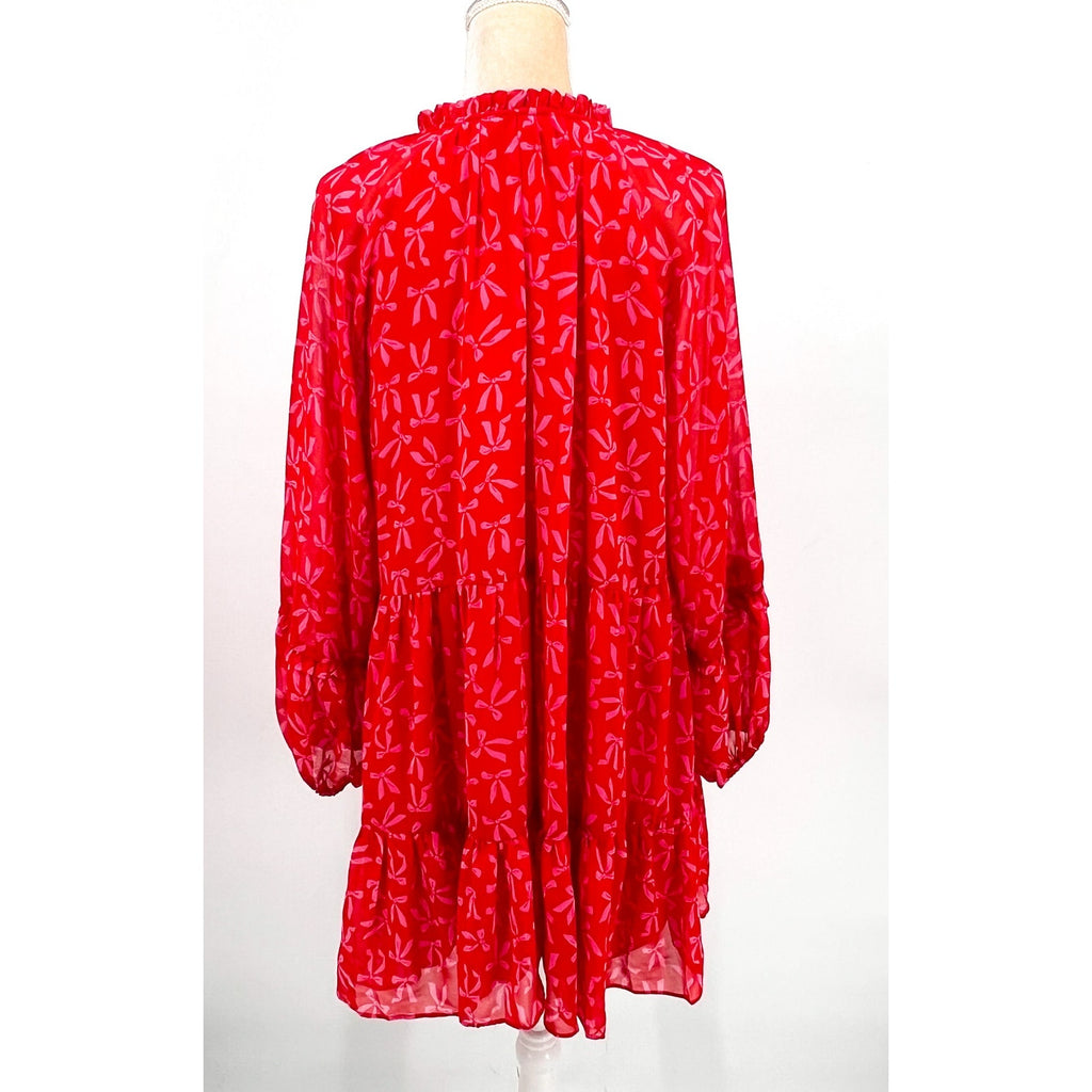 CECE Women's Bow-Print Babydoll Dress Large Red Pink Long-Sleeve NWT