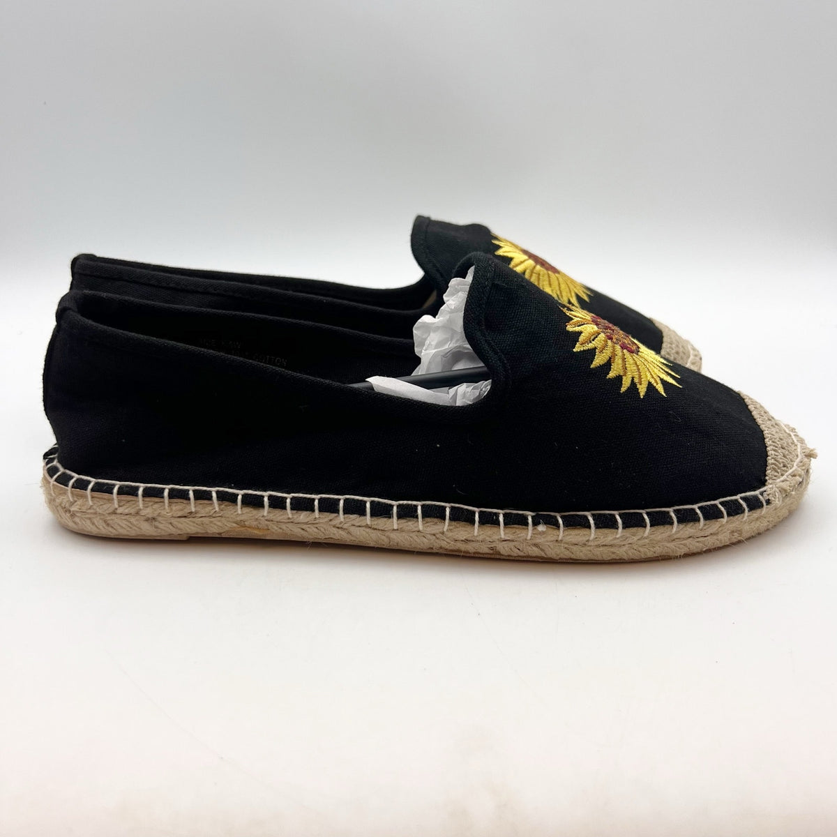 COLDWATER CREEK Womens Espadrille Flats Size 8 Wide Black Canvas Sunflower NWOB