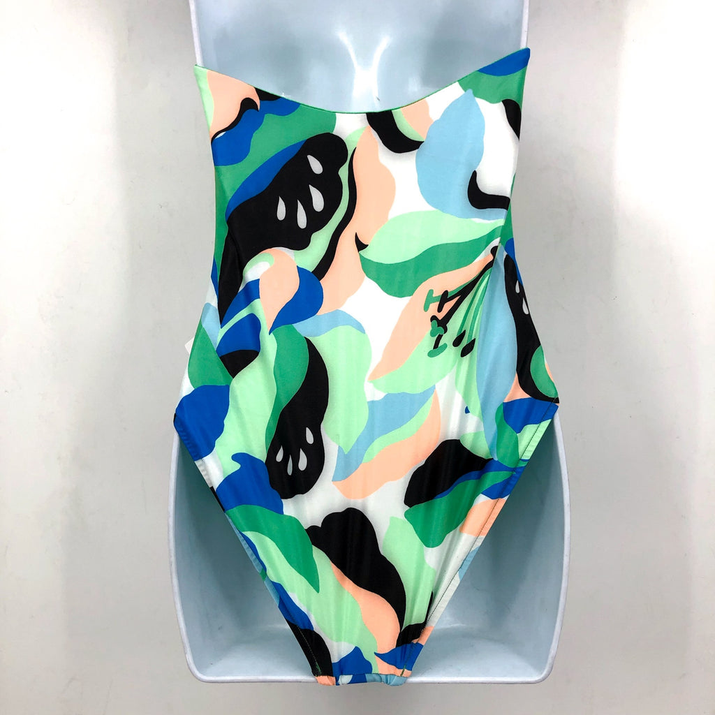 SEAFOLLY Rio Bandeau One Piece Swimsuit Size 4 DD Jade Green Print Strapless NWT
