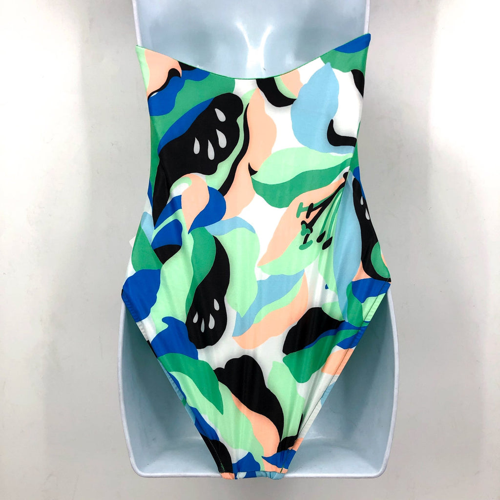 SEAFOLLY Rio Bandeau One Piece Swimsuit Size 4 DD Jade Green Print Strapless NWT