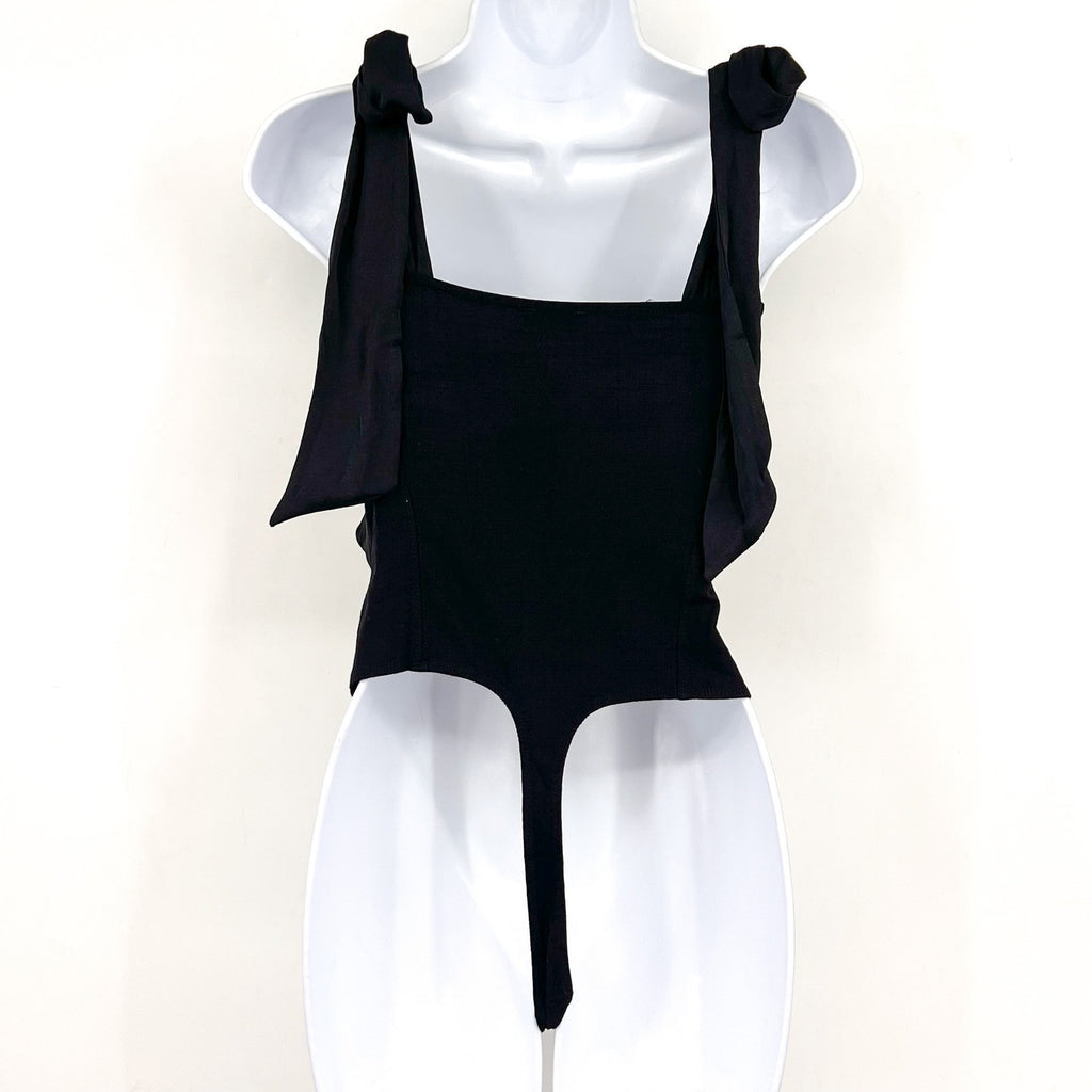 FREE PEOPLE Women's Lola Tank Bodysuit Small Black Tie Shoulder Thong NWT