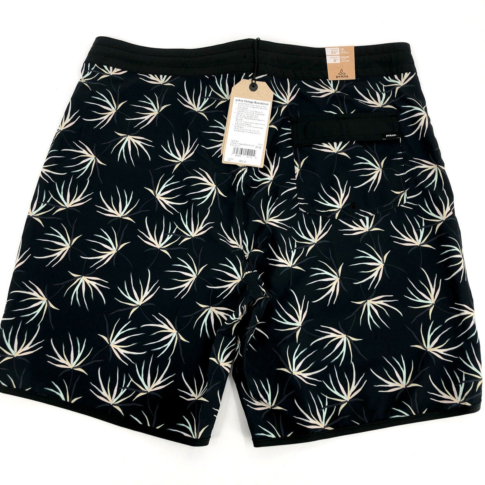 PRANA Men's Vintage Boardshort Size 35 Black Bloom 8" Inseam Drawstring NWT