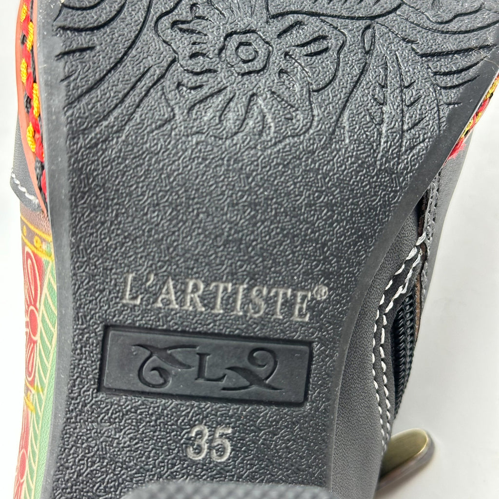 L'ARTISTE Womens Zami Heeled Bootie EU 35 US 5 Black Multi Embossed Leather NWOB