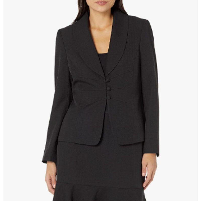 LE SUIT Womens Shawl Collar Suit Jacket 12P PETITE Black Coated Buttons NWT