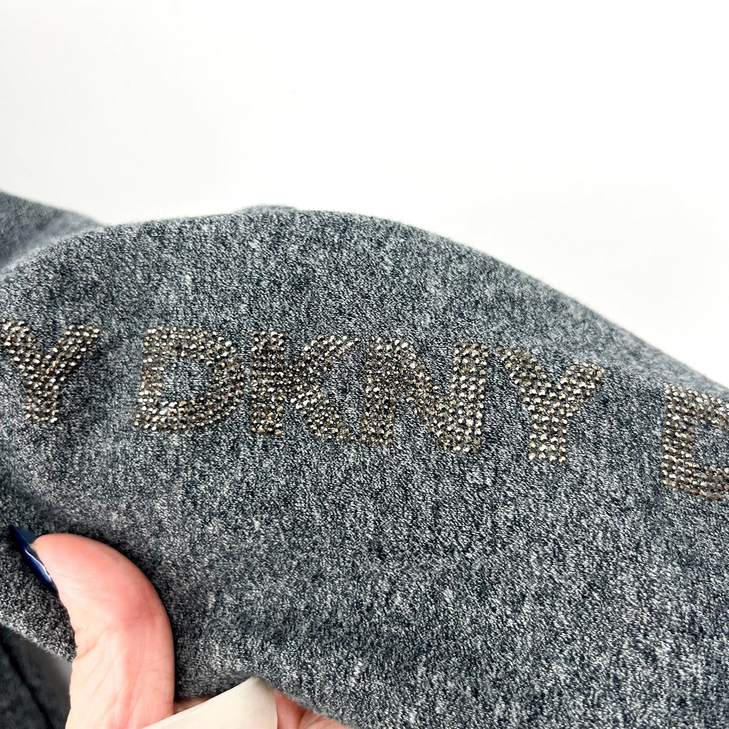 DKNY Sport Womens Hoodie Sweatshirt Small Grey Rhinestone Logo Sleeve NWT