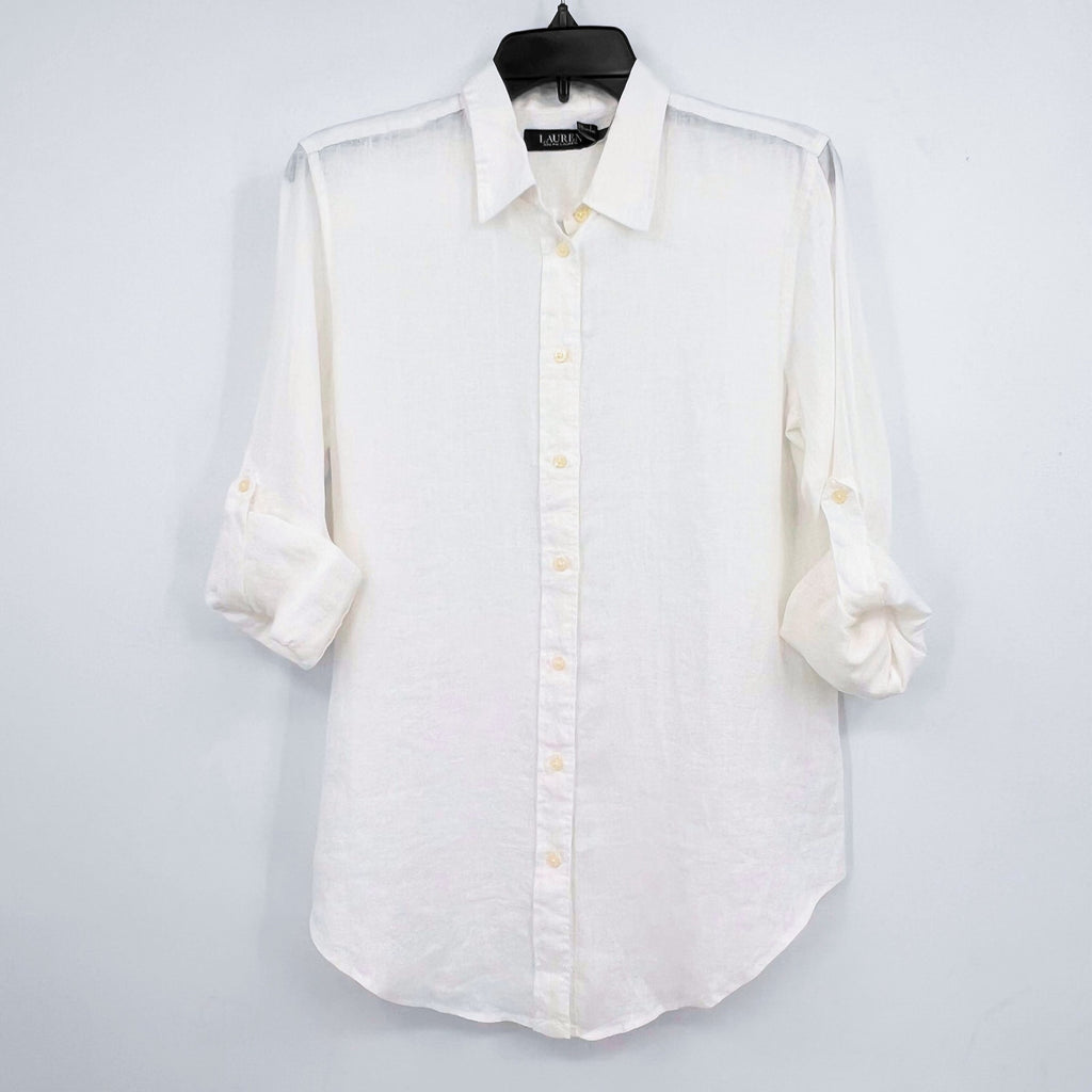 LAUREN RALPH LAUREN Womens Linen Shirt Medium White Roll Tab Sleeve NWT