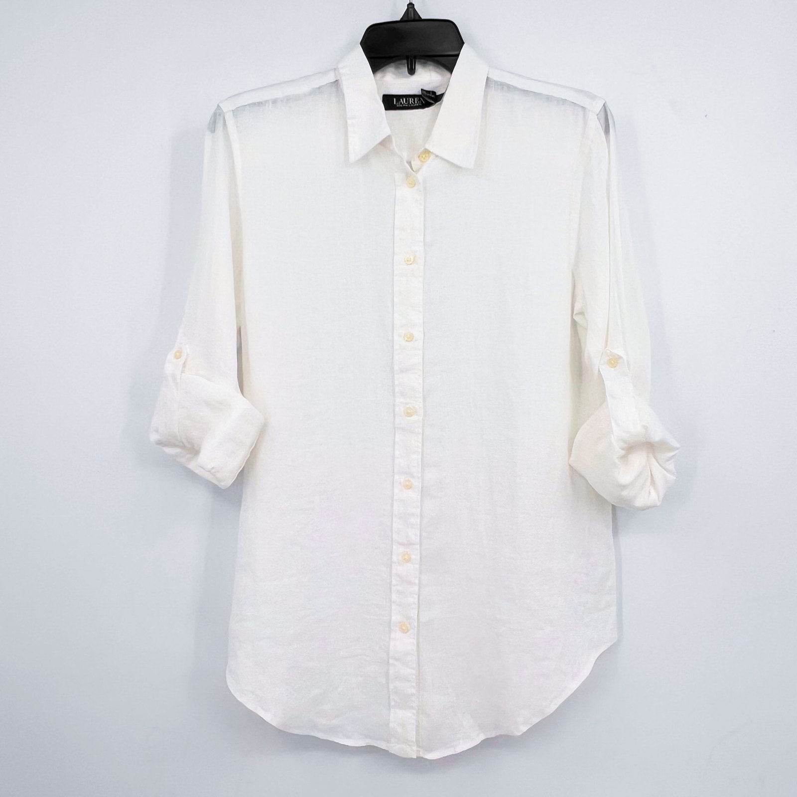LAUREN RALPH LAUREN Womens Linen Shirt Medium White Roll Tab Sleeve NWT