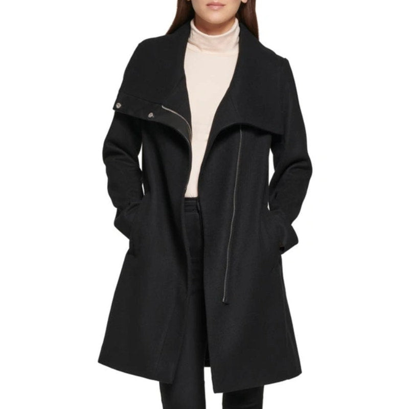 KENNETH COLE Womens Melton Wool Blend Coat Small Black Faux Leather Trim NWOT