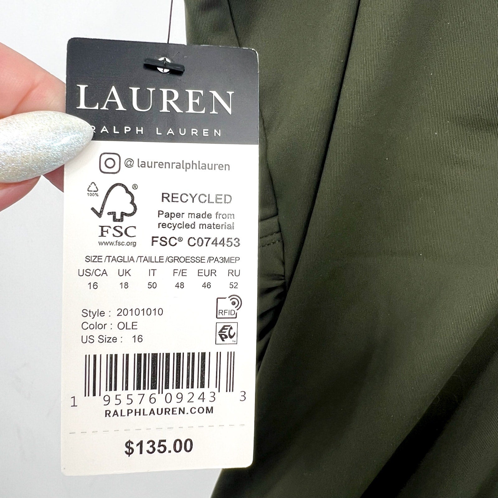 LAUREN RALPH LAUREN Ruffle One Piece Swimsuit Size 16 Olive Green Beach Club NWT