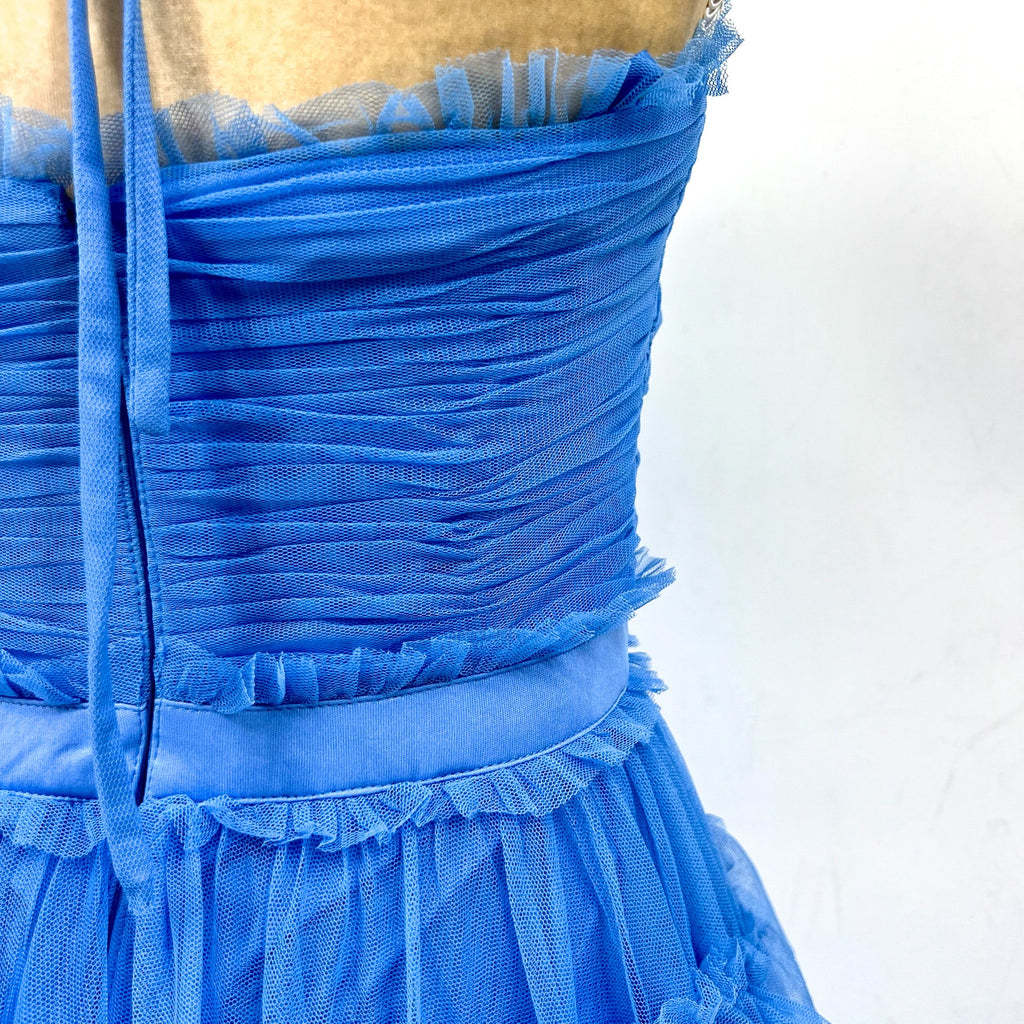 AQUA Women's Tulle Tiered Ruffle Gown Size 2 Cornflower Blue Open Back Dress NWT
