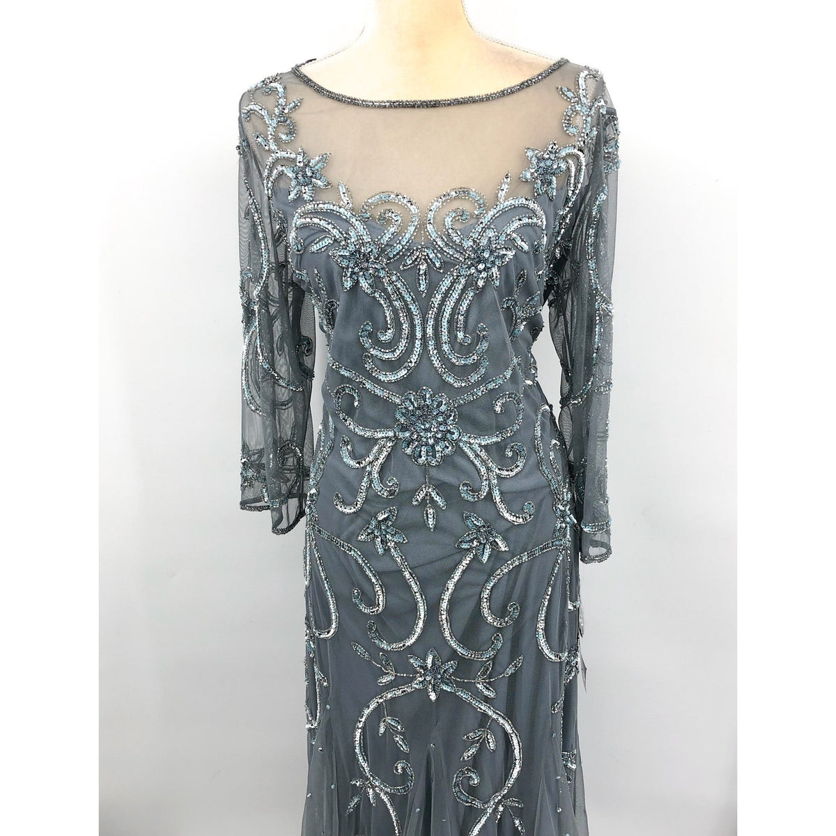 PISARRO NIGHTS Beaded Illusion Neck Gown Size 14 Sky Blue Gray 3/4 Sleeve NWT
