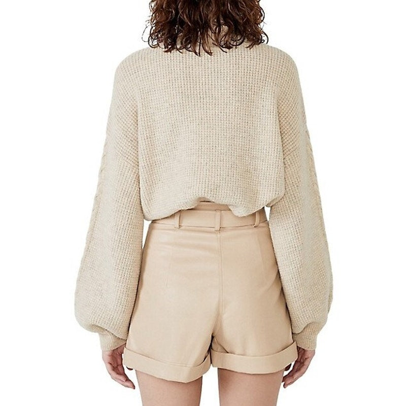 BARDOT Women's Maya Cable Knit Sweater Small Beige Pebble Balloon Sleeves NWT