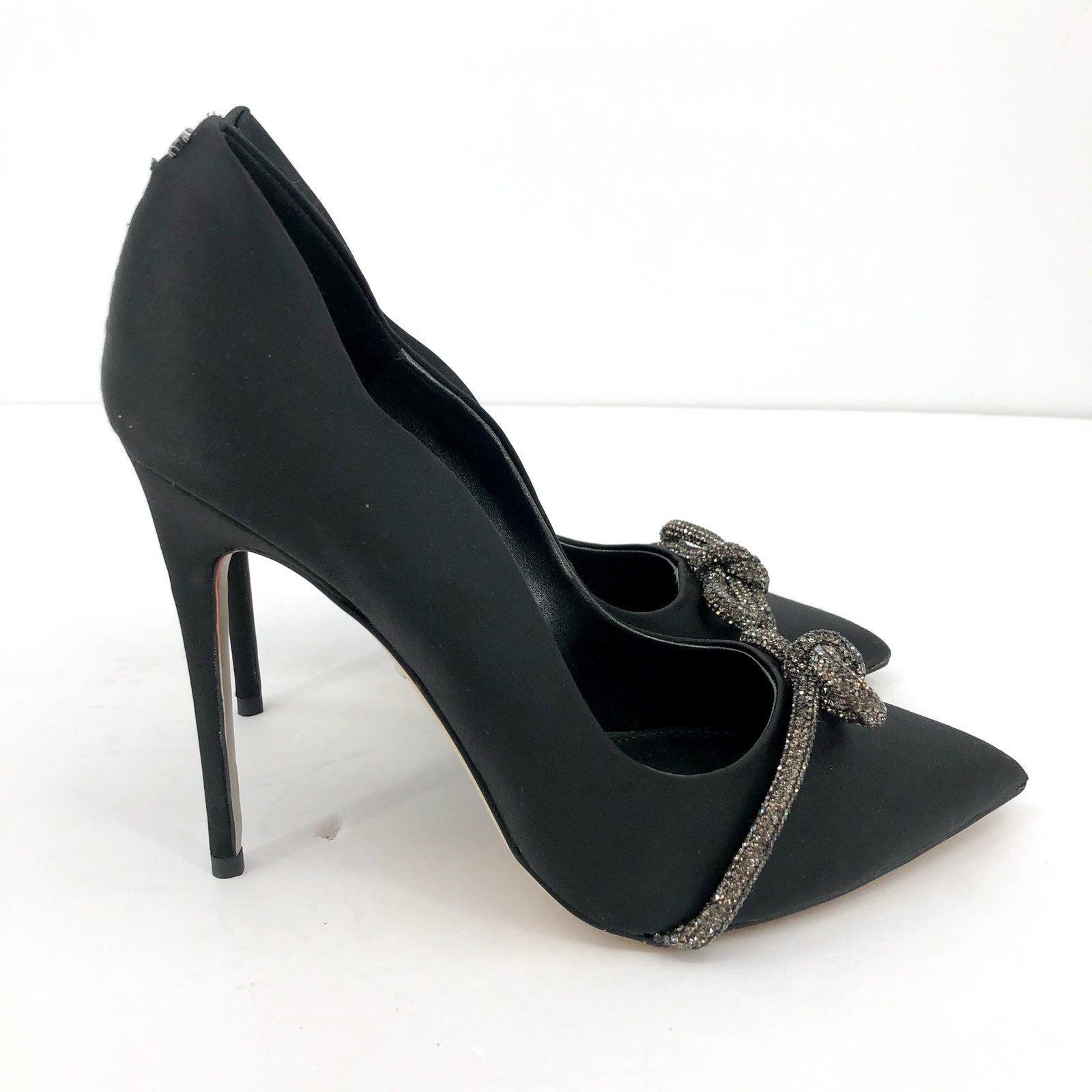 SAM EDELMAN Women's Deela Rhinestone Bow Pumps 9M Black Satin Pointed Toe