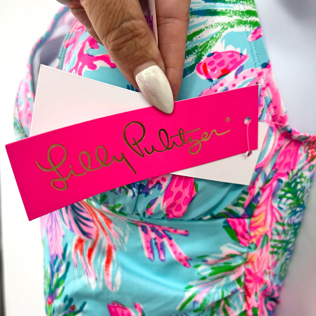 LILLY PULITZER Bliss Halter Tankini Top Size US 6 Pink Blue Cay to My Heart NWT