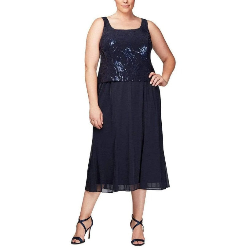 ALEX EVENINGS Chiffon & Sequin Dress & Jacket Set 18W Navy Blue Formal NWT