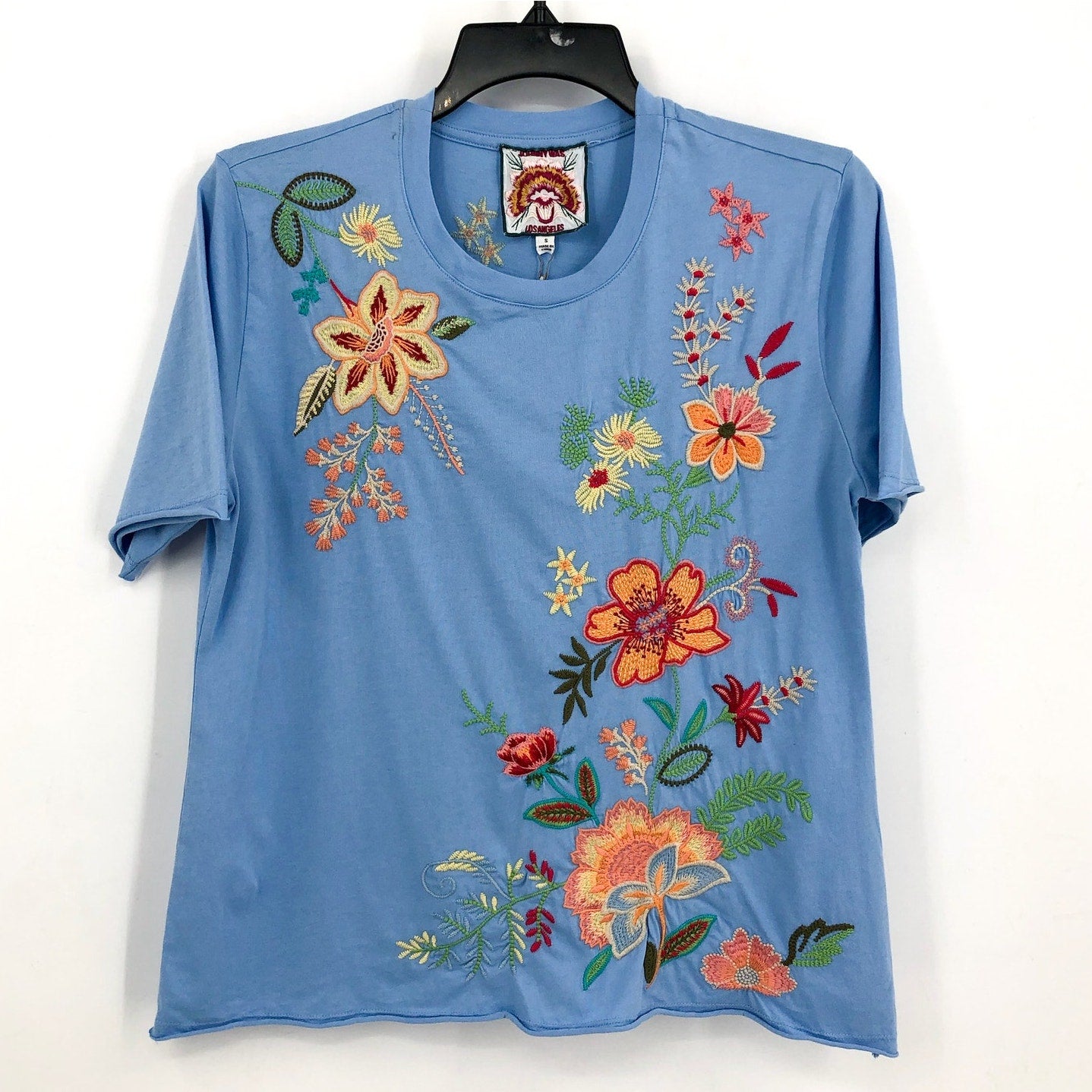 JOHNNY WAS Womens Raw Seam T-Shirt Small Blue Ishani Embroidered Floral NWT