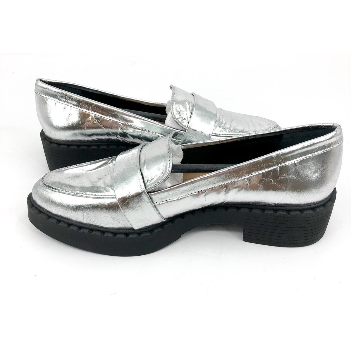 VINCE CAMUTO Women's Echika Loafers Size 6 Silver Leather Block Heel Penny NWOB
